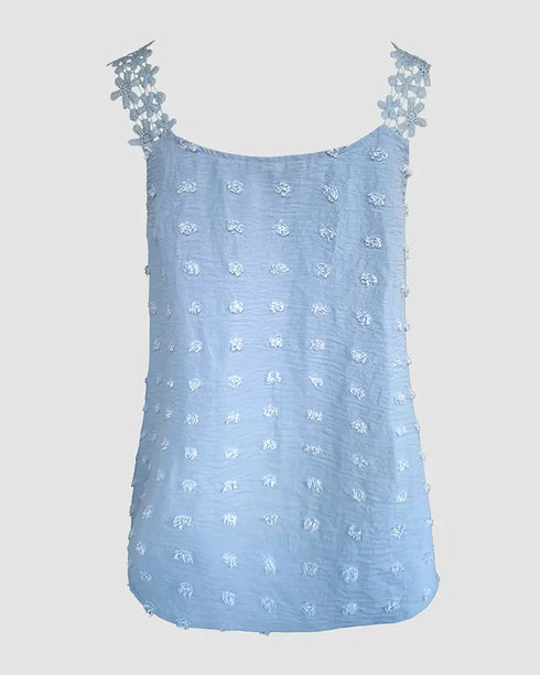 Jacquard Polka Dot Webbing Patch Criss Cross Tank Casual Loose Fit Sleeveless Top blue