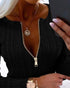 Crewneck Long Sleeve Ribbed Top Half Zipper Design Casual Pullover Tops black