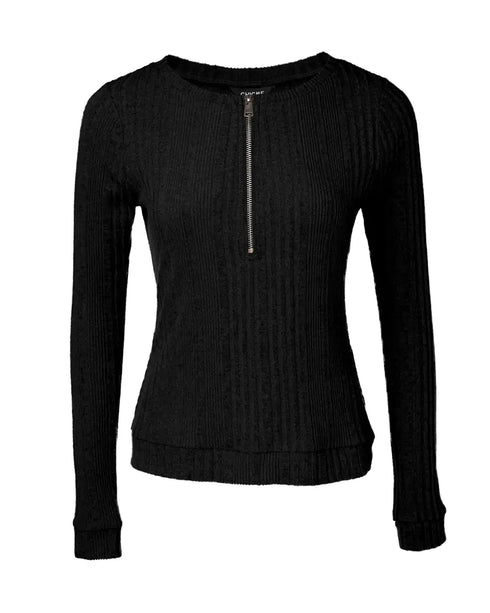 Crewneck Half Zipper Flap Detail Knit Sweater Long Sleeve Slim Fit Ribbed Pullover Top black