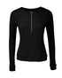 Crewneck Long Sleeve Ribbed Top Half Zipper Design Casual Pullover Tops black