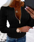 Crewneck Half Zipper Flap Detail Knit Sweater Long Sleeve Slim Fit Ribbed Pullover Top black