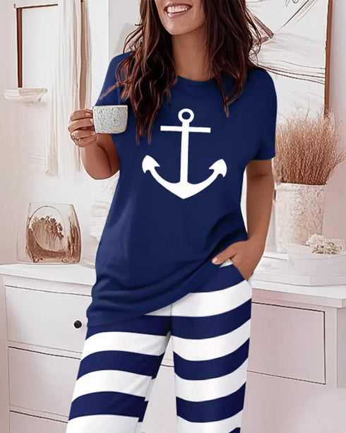 2 Pieces Outfit Cute Letter Print Short Sleeve T-shirt and Plaid Pants Set Loungewear purplish blue