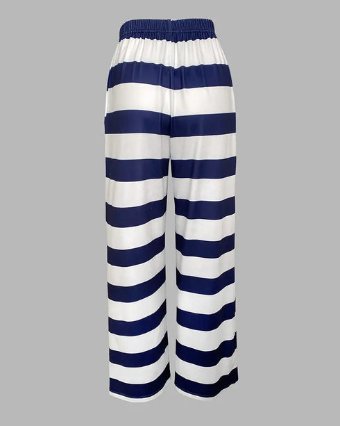 2 Pieces Outfit Anchor Pattern Short Sleeve Top and Striped Elastic Waist Pants Set Casual Pajamas Set purplish blue