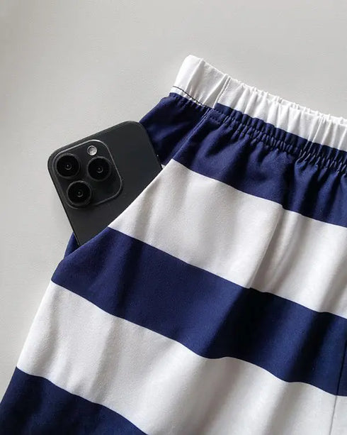 2 Pieces Outfit Anchor Pattern Short Sleeve Top and Striped Elastic Waist Pants Set Casual Pajamas Set purplish blue