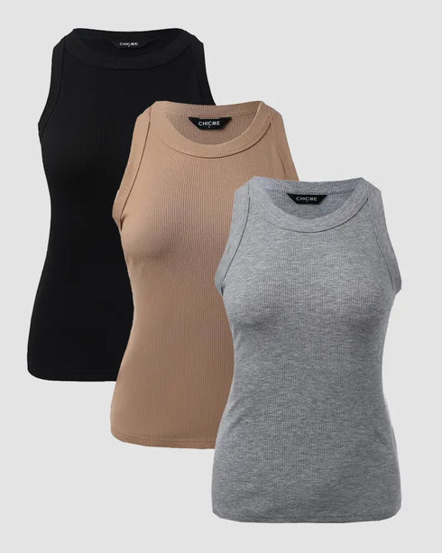 3-Pack Knit Round Neck Thick Strap Racerback Tank Tops(Without Pads) style10