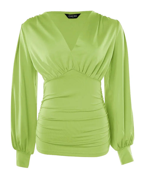 Deep V-Neck Lantern Sleeve Ruched Blouse Casual Slim Fit Top dark green
