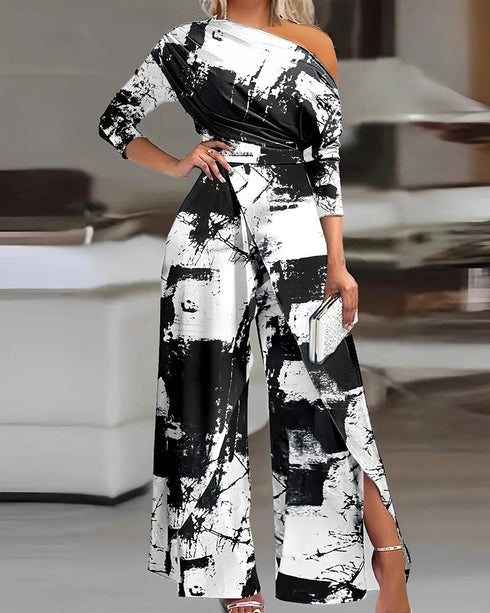Tie Dye Print Skew Neck Wrapped Slit Wide Leg Jumpsuit blackwhite