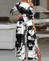 Tie Dye Print Skew Neck Wrapped Slit Wide Leg Jumpsuit blackwhite