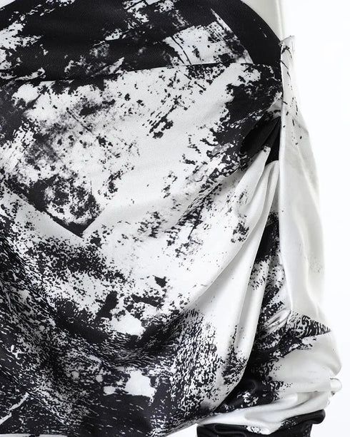 Tie Dye Print Skew Neck Wrapped Slit Wide Leg Jumpsuit blackwhite