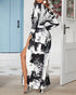 Tie Dye Print Skew Neck Wrapped Slit Wide Leg Jumpsuit blackwhite