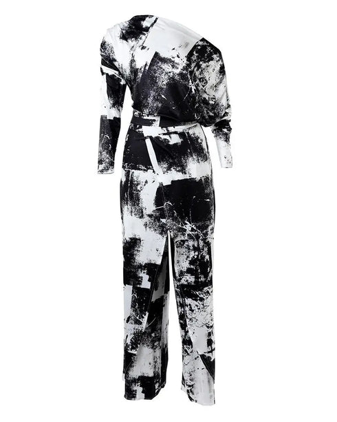 Tie Dye Print Skew Neck Wrapped Slit Wide Leg Jumpsuit blackwhite