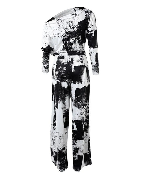 Tie Dye Print Skew Neck Wrapped Slit Wide Leg Jumpsuit blackwhite