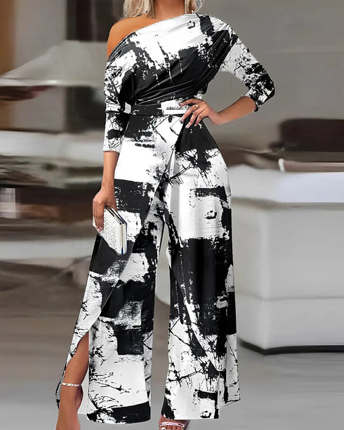 Tie Dye Print Skew Neck Wrapped Slit Wide Leg Jumpsuit blackwhite