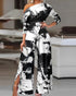 Tie Dye Print Skew Neck Wrapped Slit Wide Leg Jumpsuit blackwhite