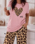 2 Pieces Outfit Letter Print & Leopard Heart Pattern Short Sleeve Top and Leopard Print Elastic Waist Pants Set Casual Pajamas Set pink