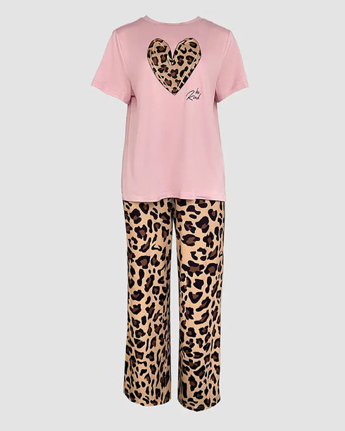 2 Pieces Outfit Letter Print & Leopard Heart Pattern Short Sleeve Top and Leopard Print Elastic Waist Pants Set Casual Pajamas Set pink