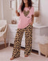 2 Pieces Outfit Letter Print & Leopard Heart Pattern Short Sleeve Top and Leopard Print Elastic Waist Pants Set Casual Pajamas Set pink