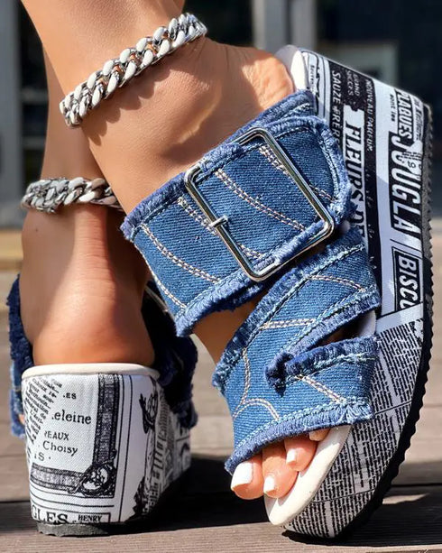 Newspaper Buckled Denim Wedge Slippers blue