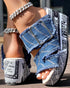 Newspaper Buckled Denim Wedge Slippers blue