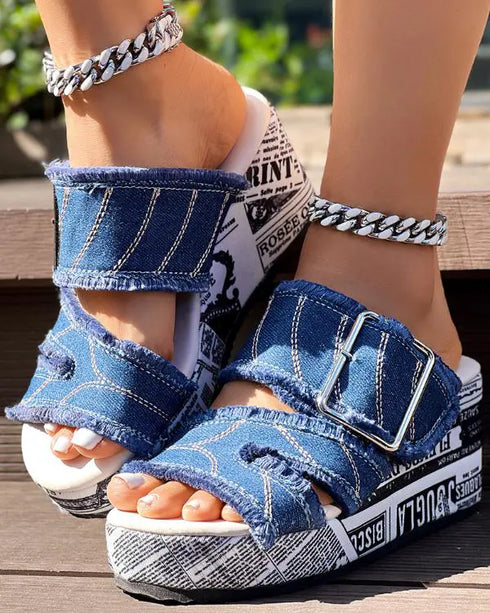 Newspaper Buckled Denim Wedge Slippers blue