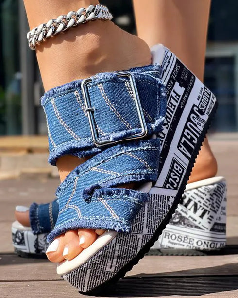 Newspaper Buckled Denim Wedge Slippers blue