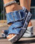 Newspaper Buckled Denim Wedge Slippers blue