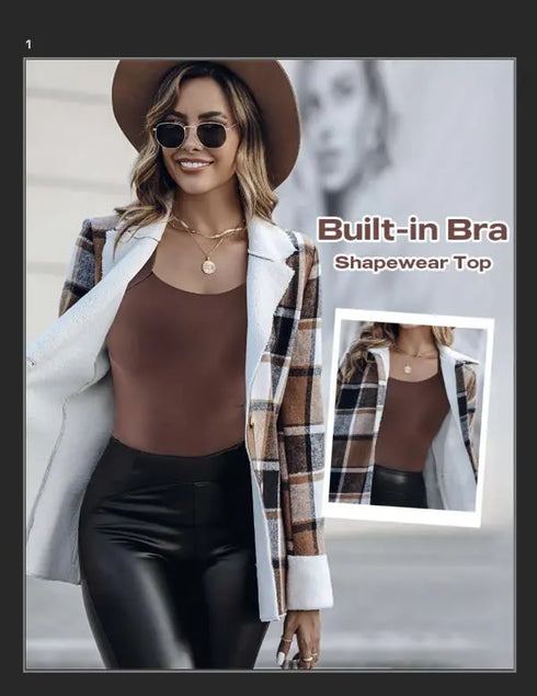 U-Neck Sleeveless Tank Seamless Skinny Layering Top with Built-In Bra coffee