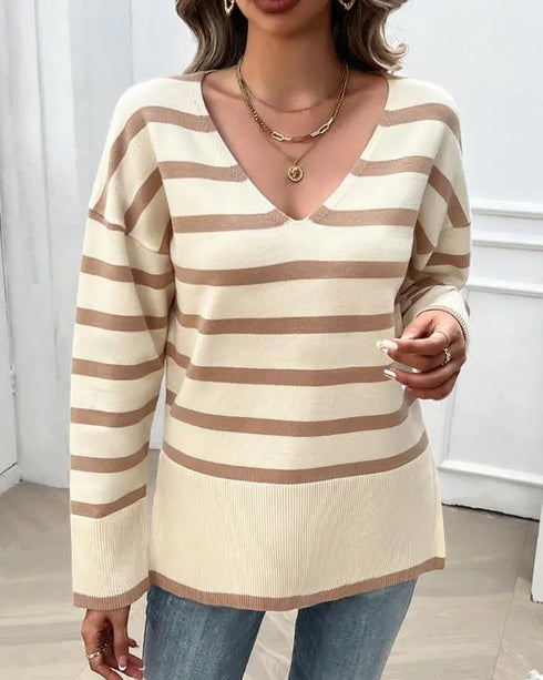 Striped V-Neck Long Sleeve Side Slit Knit Sweater Apricot