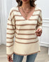 Striped V-Neck Long Sleeve Side Slit Knit Sweater Apricot