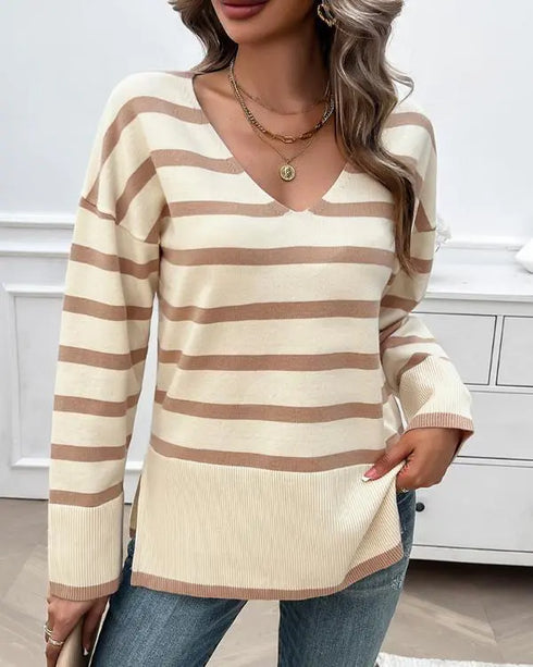Striped V-Neck Long Sleeve Side Slit Knit Sweater Apricot