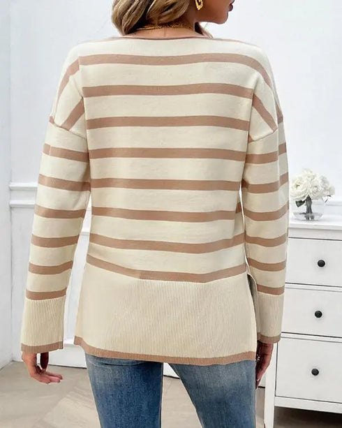 Striped V-Neck Long Sleeve Side Slit Knit Sweater Apricot