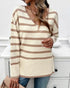Striped V-Neck Long Sleeve Side Slit Knit Sweater Apricot