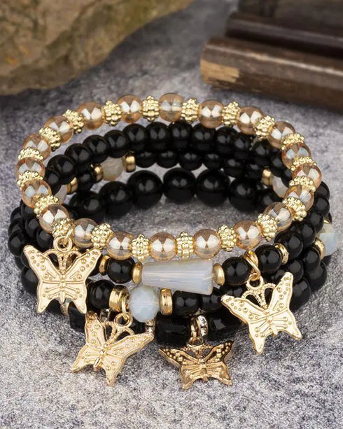 1pc Crystal Stone Beaded Butterfly Multi-Layer Bracelet black