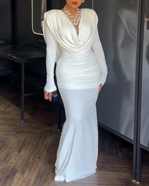 Cowl Neck Ruched Zipper Back Slim Fit Maxi Dress Casual Padded Shoulders Backless Evening Dress white