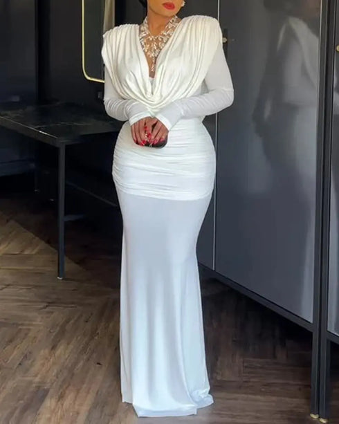 Cowl Neck Ruched Zipper Back Slim Fit Maxi Dress Casual Padded Shoulders Backless Evening Dress white