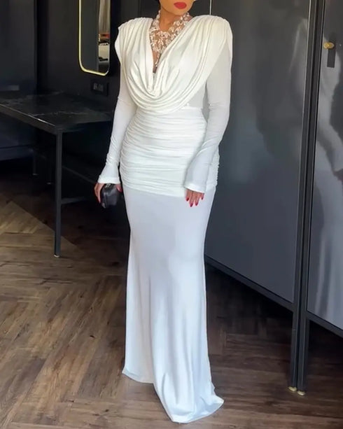 Cowl Neck Ruched Zipper Back Slim Fit Maxi Dress Casual Padded Shoulders Backless Evening Dress white