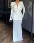 Cowl Neck Ruched Zipper Back Slim Fit Maxi Dress Casual Padded Shoulders Backless Evening Dress white