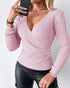 Overlap V-Neck Ruched Side Button Decor Knit Sweater Slim Fit Ribbed Pullover Top pink