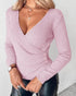 Overlap V-Neck Ruched Side Button Decor Knit Sweater Slim Fit Ribbed Pullover Top pink