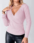 Overlap V-Neck Ruched Side Button Decor Knit Sweater Slim Fit Ribbed Pullover Top pink