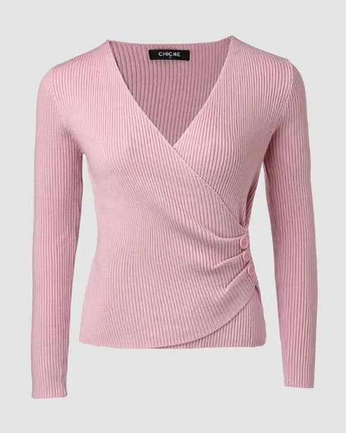 Overlap V-Neck Ruched Side Button Decor Knit Sweater Slim Fit Ribbed Pullover Top pink