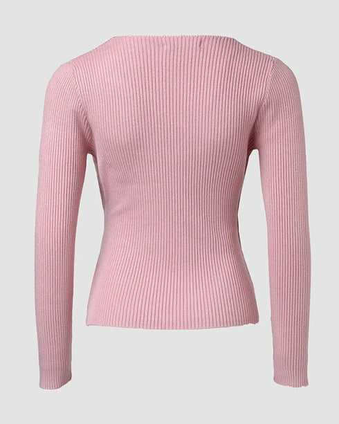 Overlap V-Neck Ruched Side Button Decor Knit Sweater Slim Fit Ribbed Pullover Top pink