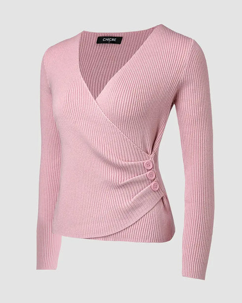 Overlap V-Neck Ruched Side Button Decor Knit Sweater Slim Fit Ribbed Pullover Top pink