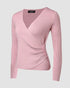 Overlap V-Neck Ruched Side Button Decor Knit Sweater Slim Fit Ribbed Pullover Top pink