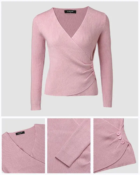 Overlap V-Neck Ruched Side Button Decor Knit Sweater Slim Fit Ribbed Pullover Top pink