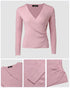 Overlap V-Neck Ruched Side Button Decor Knit Sweater Slim Fit Ribbed Pullover Top pink