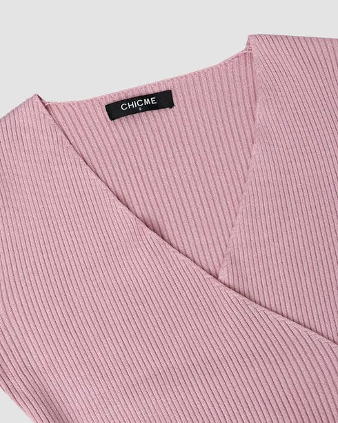 Overlap V-Neck Ruched Side Button Decor Knit Sweater Slim Fit Ribbed Pullover Top pink