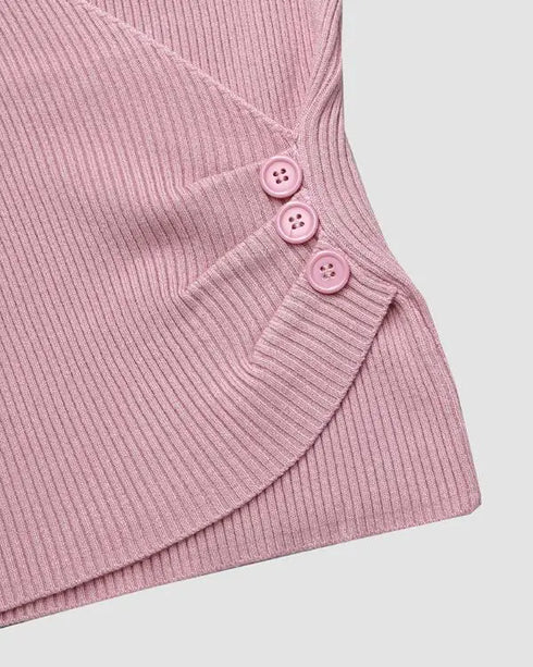 Overlap V-Neck Ruched Side Button Decor Knit Sweater Slim Fit Ribbed Pullover Top pink
