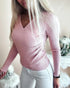 Overlap V-Neck Ruched Side Button Decor Knit Sweater Slim Fit Ribbed Pullover Top pink