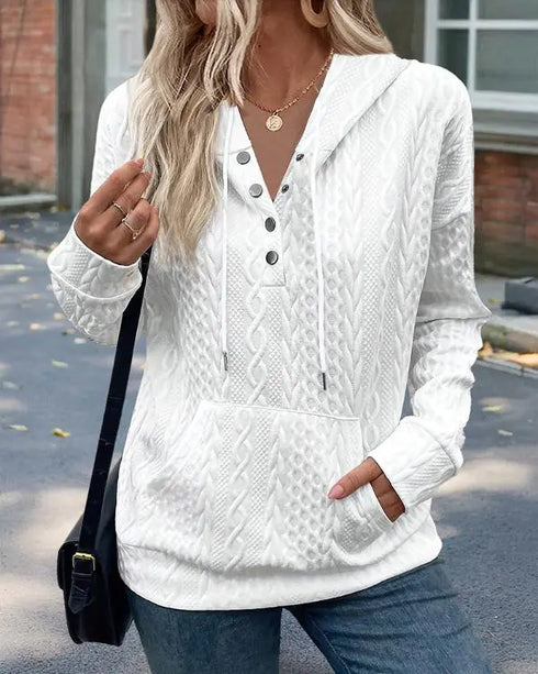 Long Sleeve Half Snap Buttons Front Drawstring Hoodie Sweatshirt Casual Kangaroo Pocket Drop Shoulder Cable Textured Top white